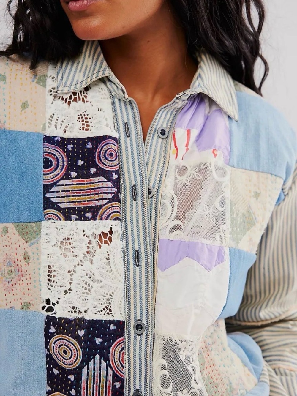 Free People x Tricia Fix Patchwork Craft Shirt Denim Lace Railroad Stripe XS/S - Picture 4 of 4